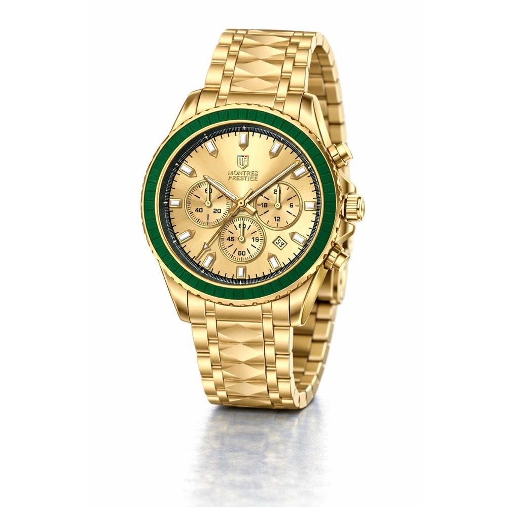 Montres Prestige Mens Gold Chronograph Watch Green Bezel 44mm MPW-0340 New